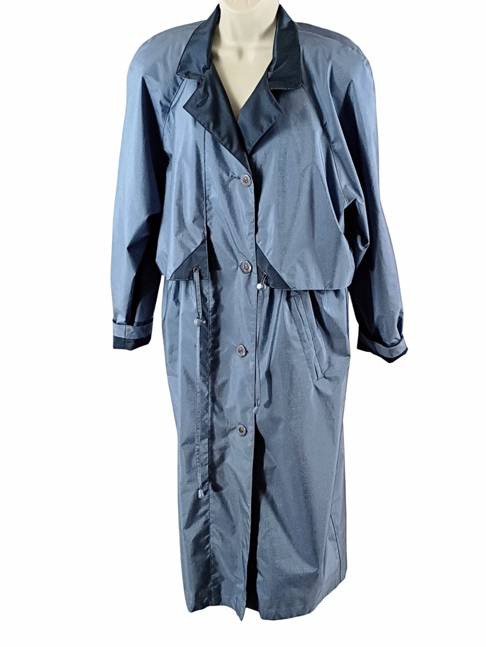 Vintage Classic Blue Trench Coat with Drawstring Waist And Storm Flap